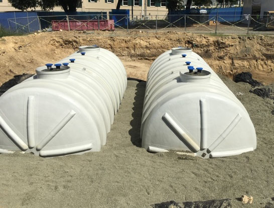 RainFlo fiberglass rain harvest in-ground tank installation