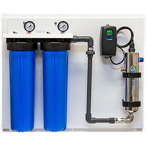 RainFlo (Double) 15 GPM Complete UV Disinfection System, Aluminum Panel, Blue, L-R