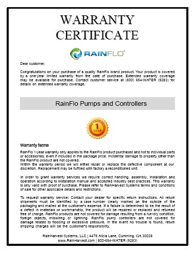 RainFlo Extended Warranty Certificate