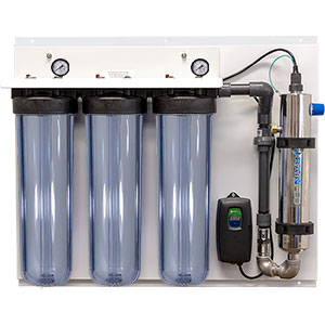 RainFlo (Triple) 15 GPM Complete UV Disinfection System, Aluminum Panel, Clear, L-R