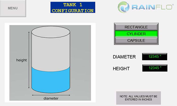 RainFlo RSC Max Tank Configuration Screen