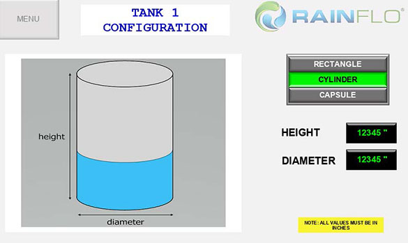 RainFlo RSC Mid Tank Configuration Screen